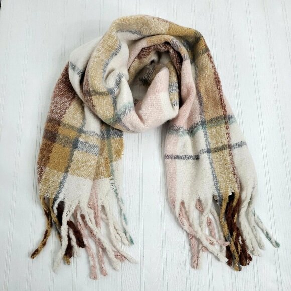 Cejon Accessories - Cejon Scarf Plaid Blush Oversized Blanket Wrap Pink Tan Grey Fringe